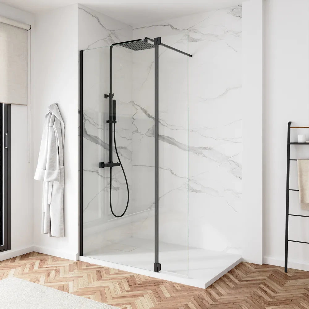 Doccia walk-in 100cm + anta 40cm vetro 8mm trasparente profili neri | Keros