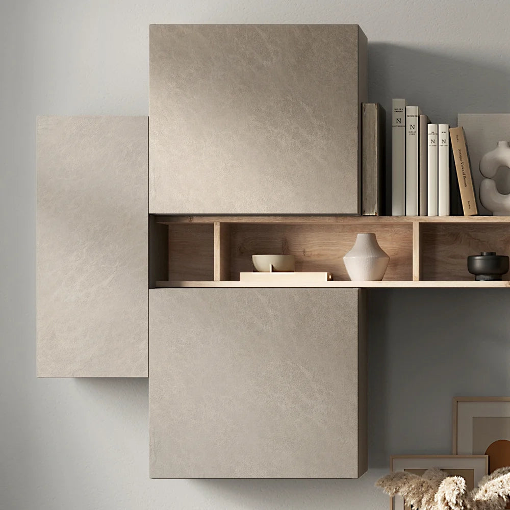 Parete Attrezzata Made in Italy Infinity 44D design moderno ideale per soggiorno, sala da pranzo, cucina, colore Argilla/Bronzo/Cadiz