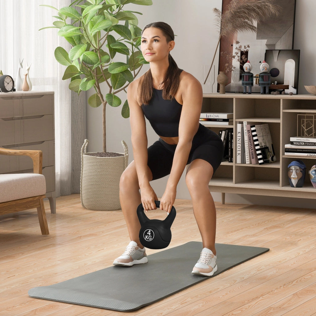 Kettlebell 4 kg ¨C zephmum ¨C Plastica e Sabbia, Base Piatta, Impugnatura, 18x12x20 cm, Nero