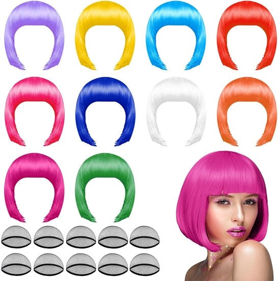 Set di capelli in stile bob neon corto - 10 pezzi - termoresistente - per cosplay - accessorio per feste - set di capelli in gomma - sicuro da utilizzare