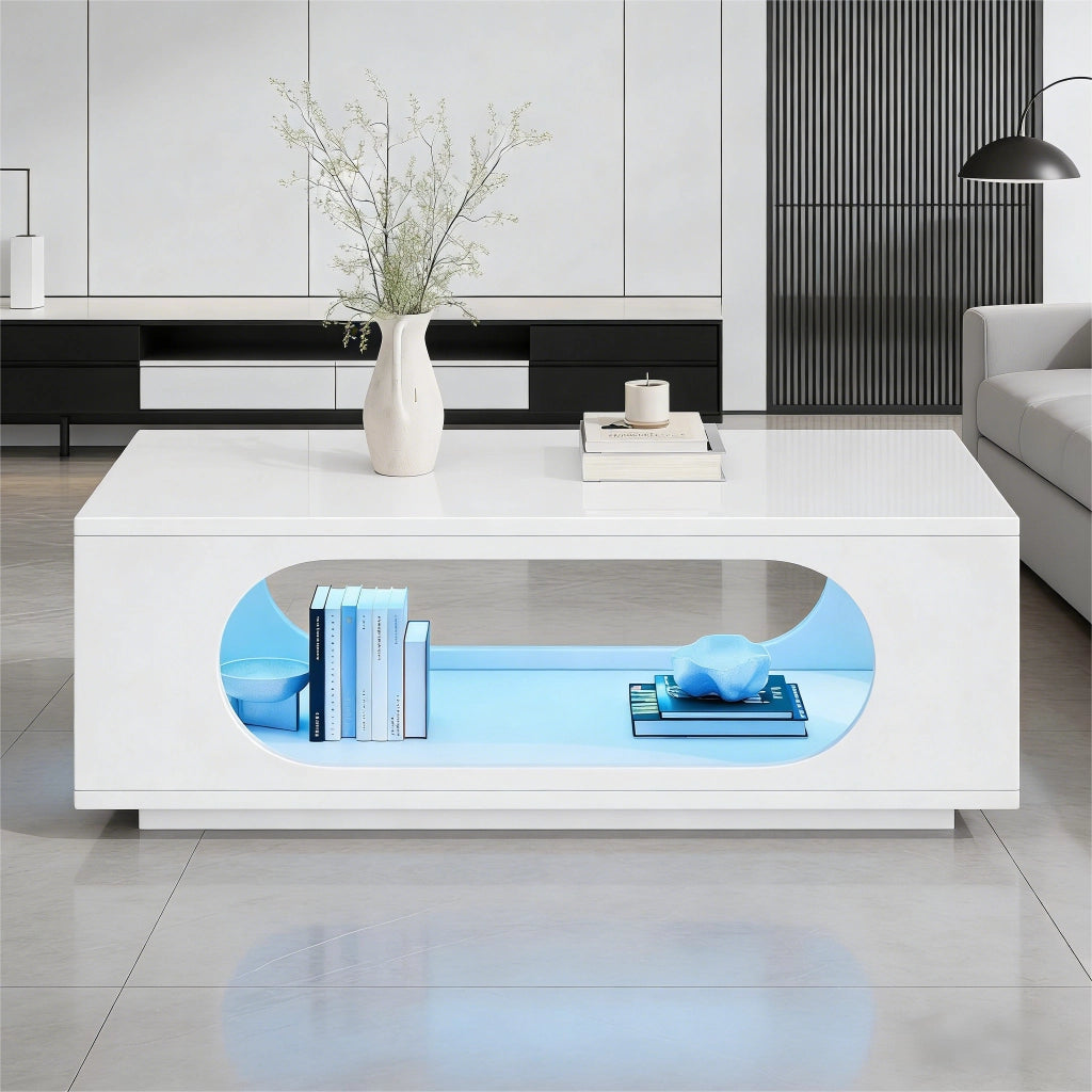 Tavolino lucido, illuminazione a LED, 100 x 50 x 35 cm, in MDF, con design traforato, bianco