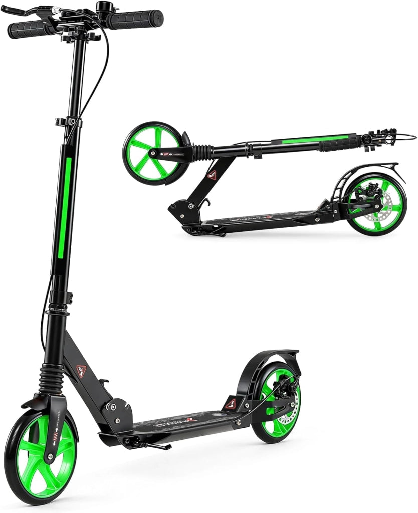 Monopattino Bambini e Adulti, Monopattino a Spinta Pieghevole e Regolabile in 3 Altezze, Monopattino Portatile con 2 Ruote, Cavalletto, Freno e Pedale Antiscivolo, Portata 100 kg
