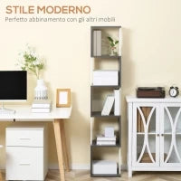 Libreria Moderna Salvaspazio a 5 Ripiani in Legno, 33x28x161cm, Grigio e Bianco