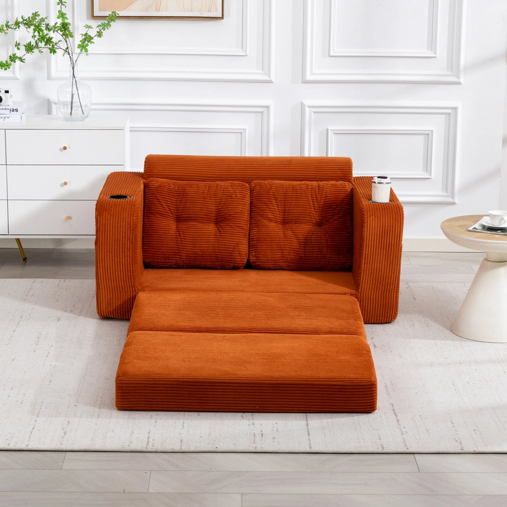 divano modulare 2 posti convertibile con portabicchieri e tasche laterali in velluto a coste arancione 136 Ã— 80 Ã— 82.5 cm