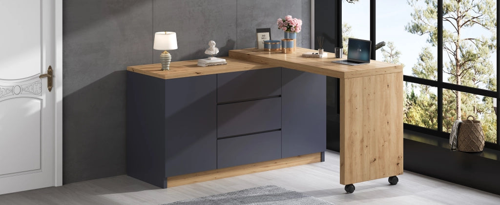 Scrivania pieghevole multifunzionale con 2 ante e 3 cassetti su ruote con freno in grigio quercia 120 × 50 × 76,5 cm