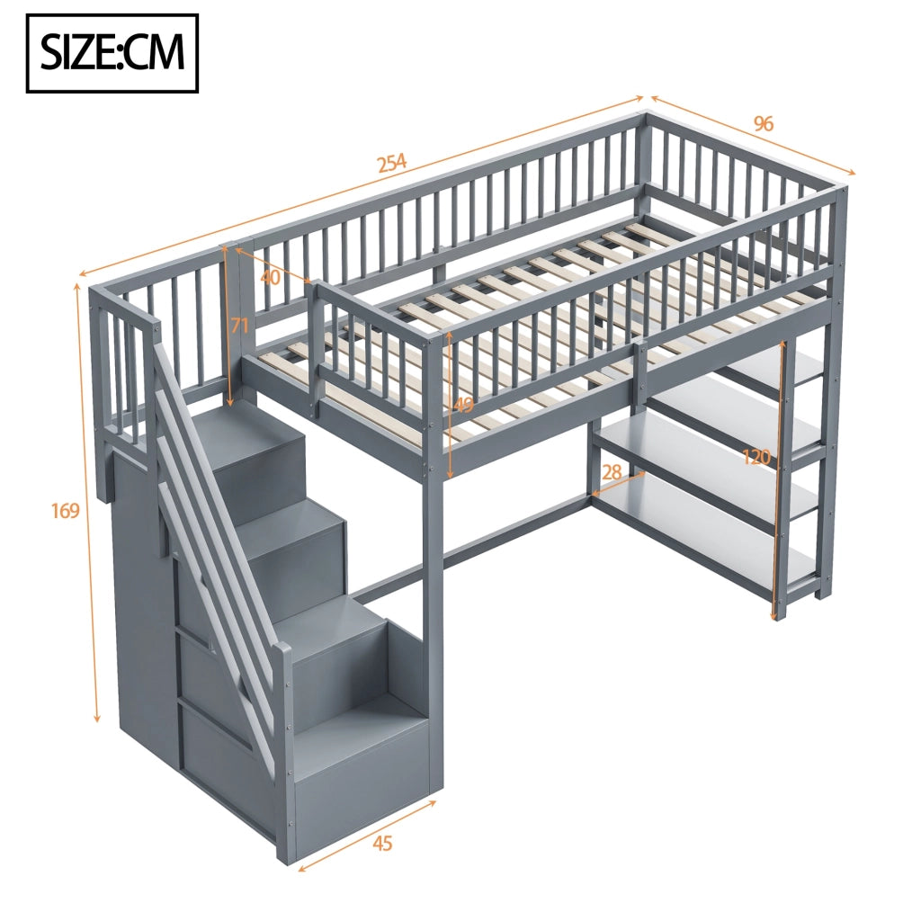 LETTO a soppalco multifunzione 90x200 cm legno massello grigio