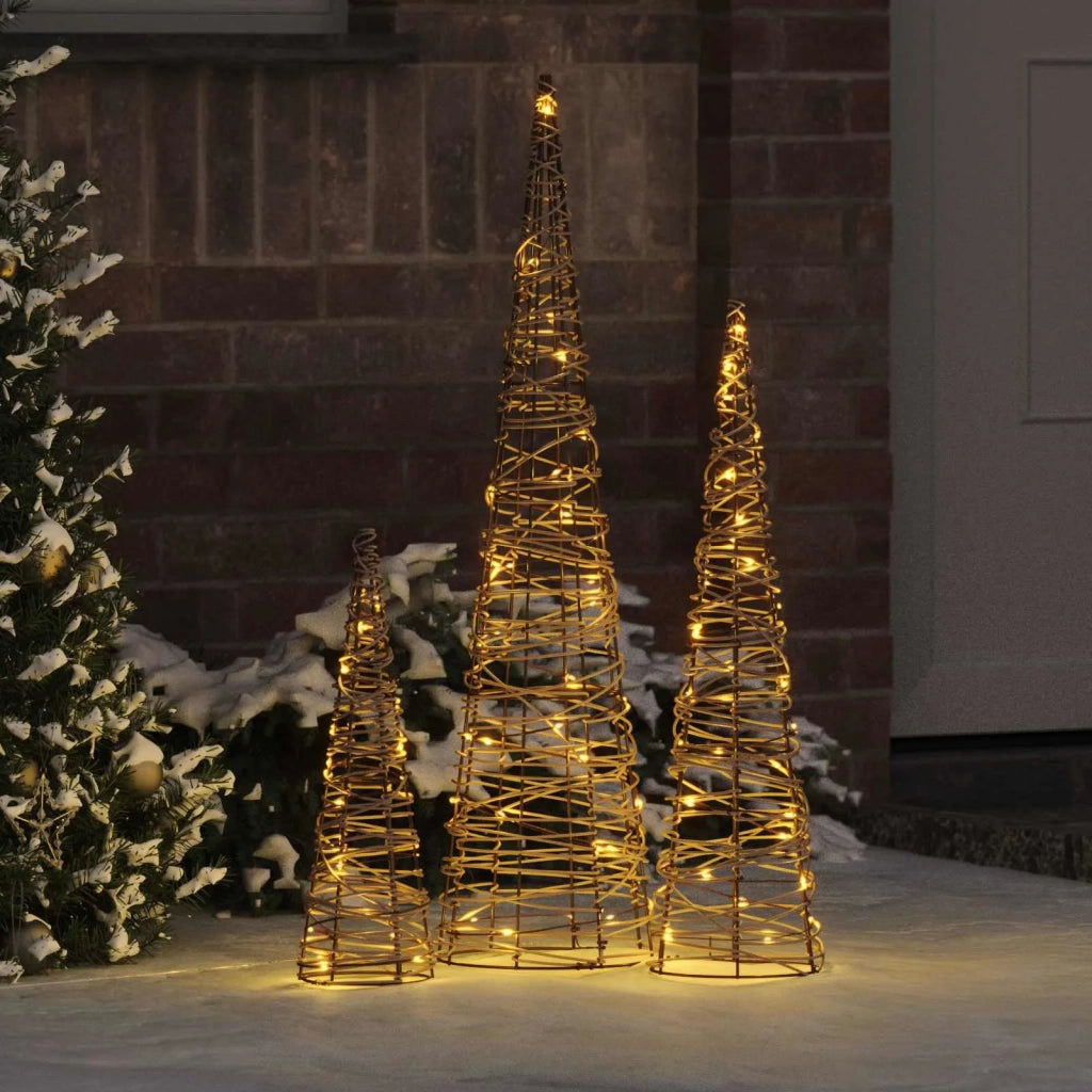 Albero di Natale 3 pcs Bianco caldo 20 x 20 x 80 cm Rattan