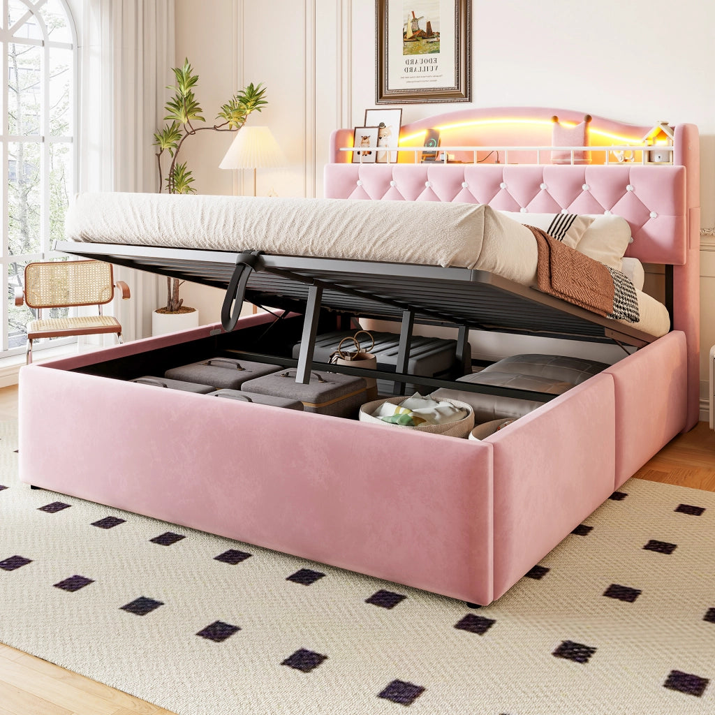 Letto imbottito 140x200 cm con contenitore idraulico e USB; tessuto e metallo rosa