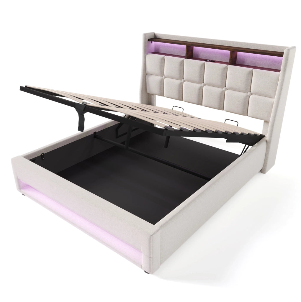 Letto matrimoniale imbottito 140x200 cm in lino beige con LED e USB; stile vintage