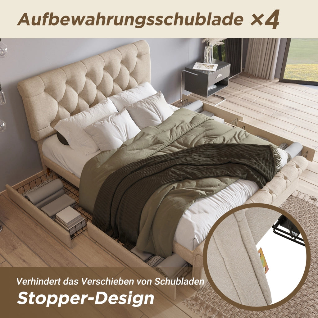 LETTO Contenitore 140x200 cm Natural con 4 cassetti e materasso incluso