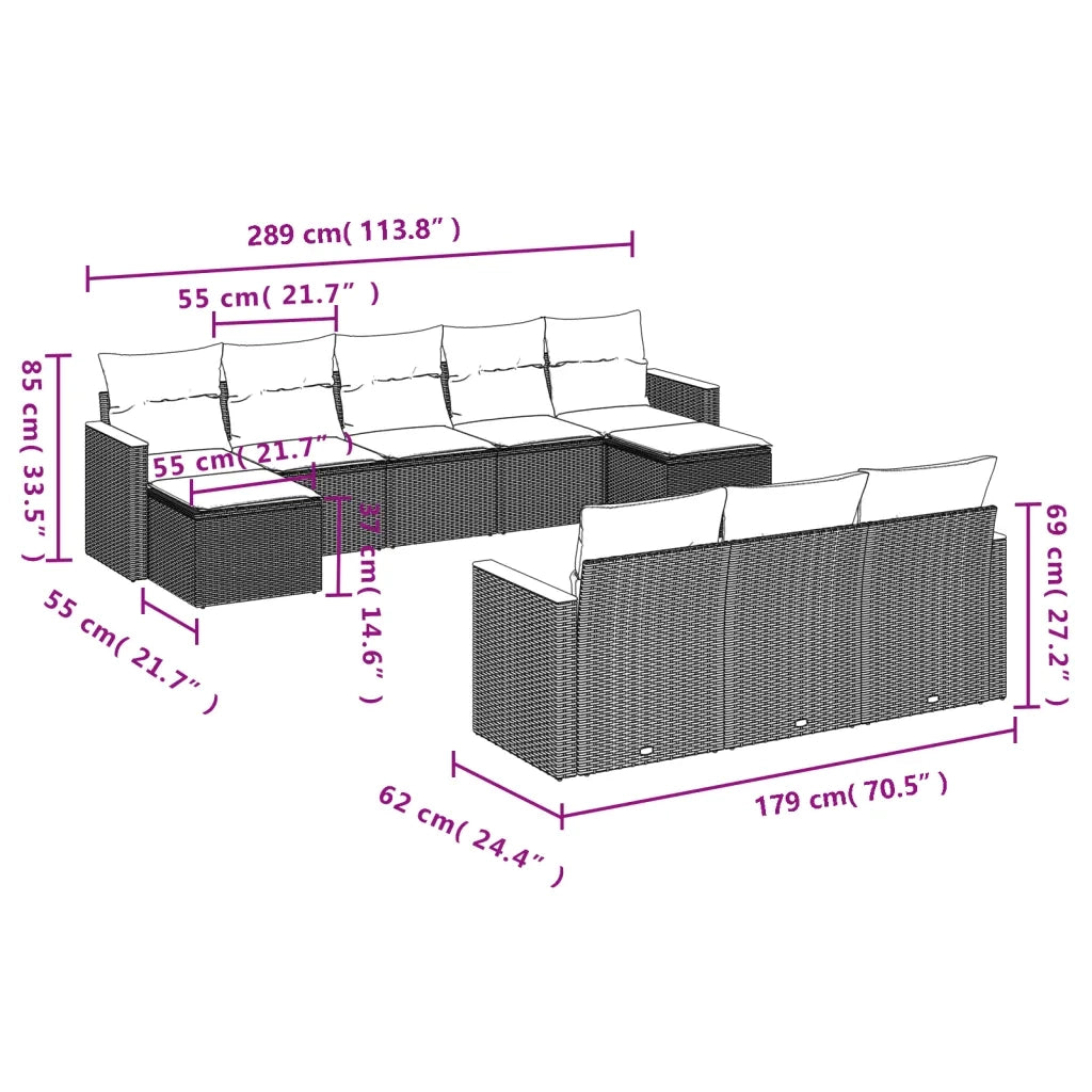 Set Divano da Giardino 10 pz con Cuscini Beige in Polyrattan