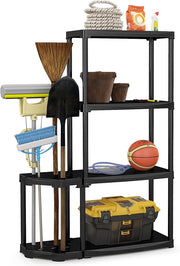 Scaffale a 4 livelli, con organizer per utensili, portaoggetti aperto, supporto con 12 fori, per utensili a manico lungo, nero