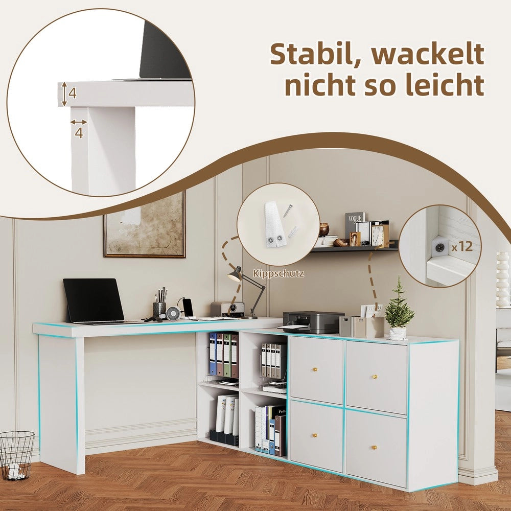 Scrivania Angolare con Cassetti e Ripiani ¨C MINIMAL ¨C MDF Bianco, Piano Girevole 360¡ã