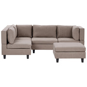 Divano componibile 4 posti imbottito in tessuto marrone con gambe nere schienale imbottito lato destro con pouf stile moderno