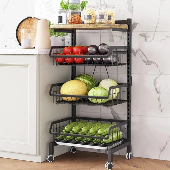 Carrello per verdure, contenitore per frutta e verdure, carrello da cucina con ruote chiuse e piastra in legno, per cucina, bagno, ufficio (pannello)