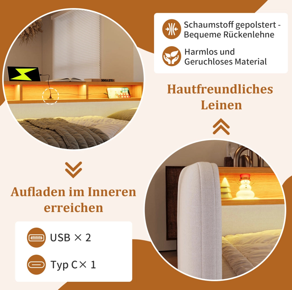 Letto imbottito matrimoniale 140x190 cm con LED; USB-C; 2 cassetti e testiera contenitore