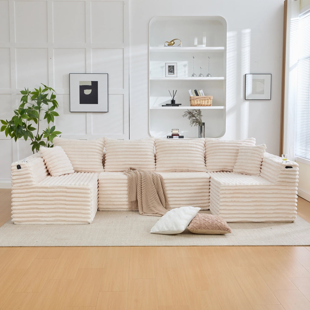 Divano modulare a U in corduroy beige con porta bicchieri, tasche laterali e imbottitura con molle, 320×155×88 cm