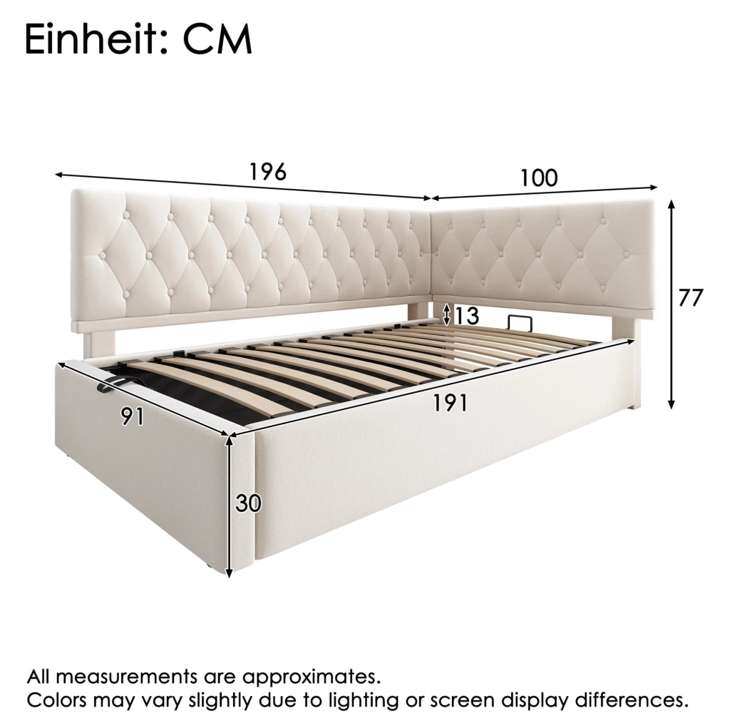 Letto singolo 90x190 cm con contenitore idraulico in velluto beige
