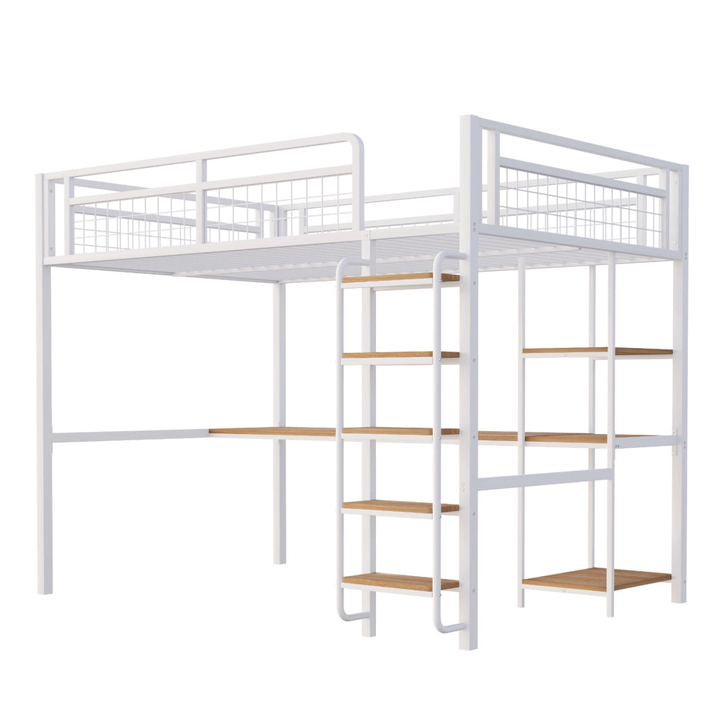 Letto a soppalco in metallo 140x200 cm bianco con scrivania; ripiani e scala di sicurezza