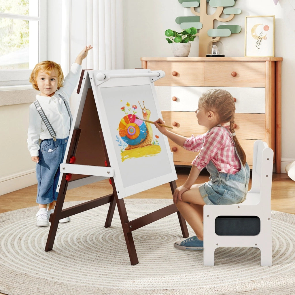 Cavalletto artistico doppia faccia per bambini con sedia contenitore, Cavalletto da disegno regolabile in altezza Marrone