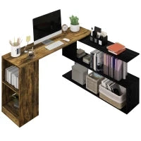 Scrivania Angolare Salvaspazio con Ripiano a S, in Legno, 140x120x78 cm, color Marrone e Nero