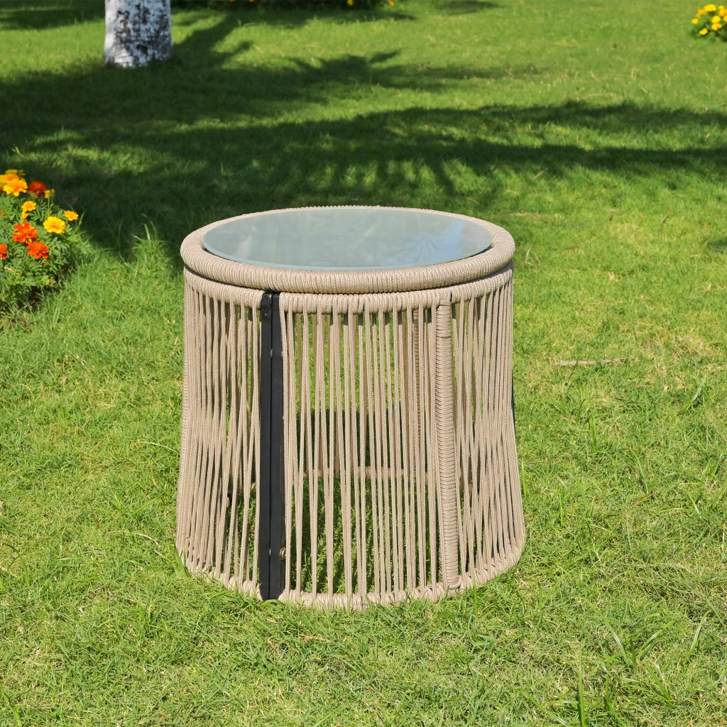 Set giardino: metallo + corda beige; sedute L + tavolo; uso esterno