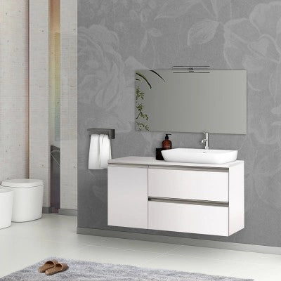 Mobile bagno sospeso 120 cm bianco opaco con due cassetti anta e specchio tondo Master