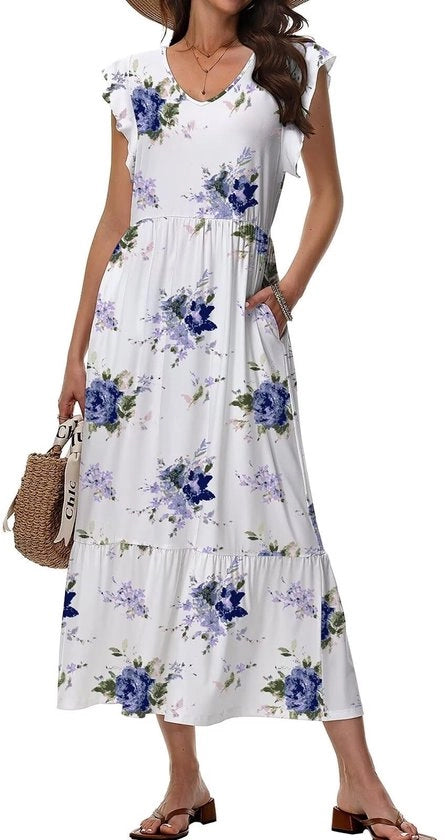 Vestito da Estate con Collo V a Fiore - Casual Midi - Con Tasche - Comodo/Respirabile - Ben Definisce la Figura - Design Elegante - Maxi Vestito