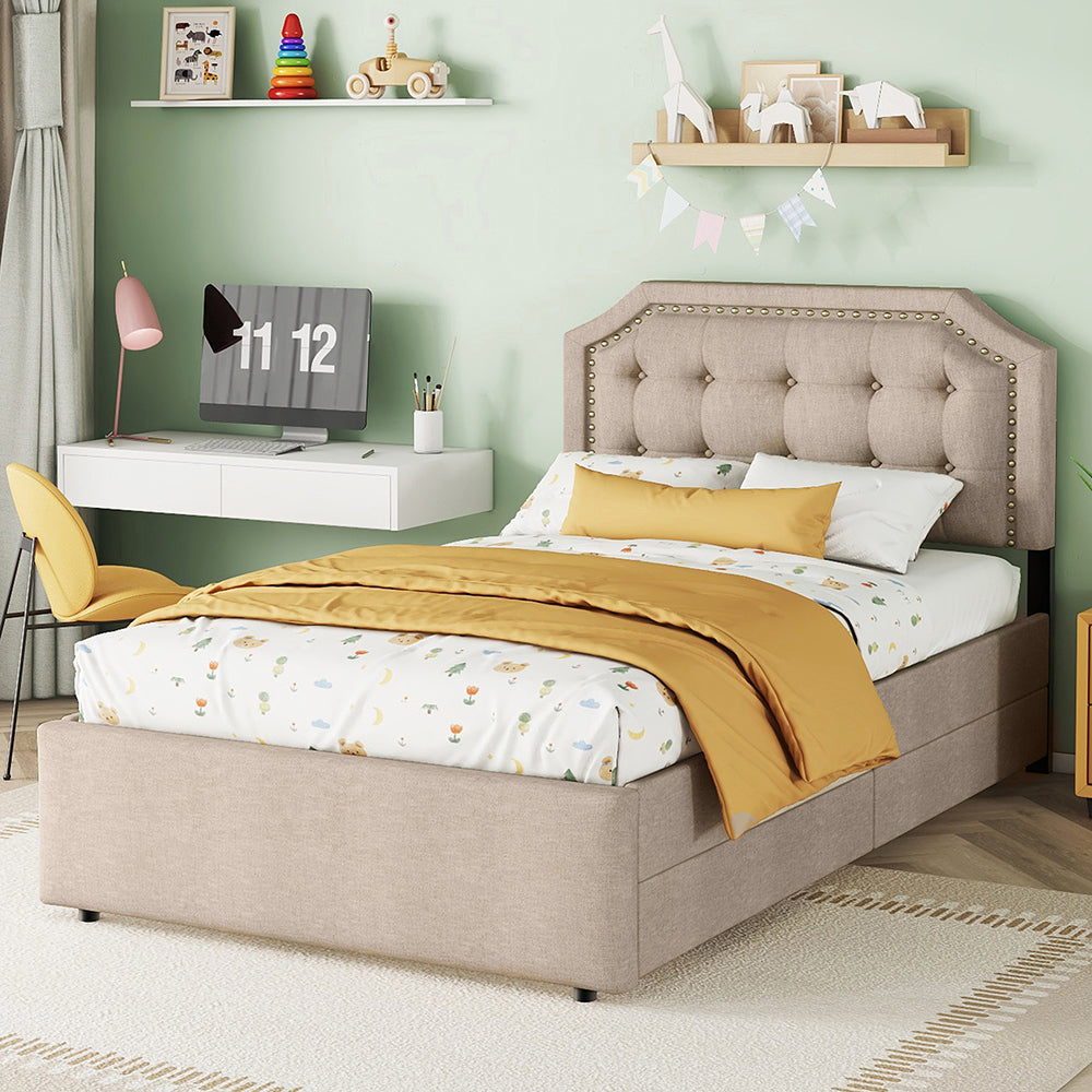 Letto singolo imbottito con 2 cassetti - Xylo - 90x200 cm - Beige scuro - Rivetti decorativi