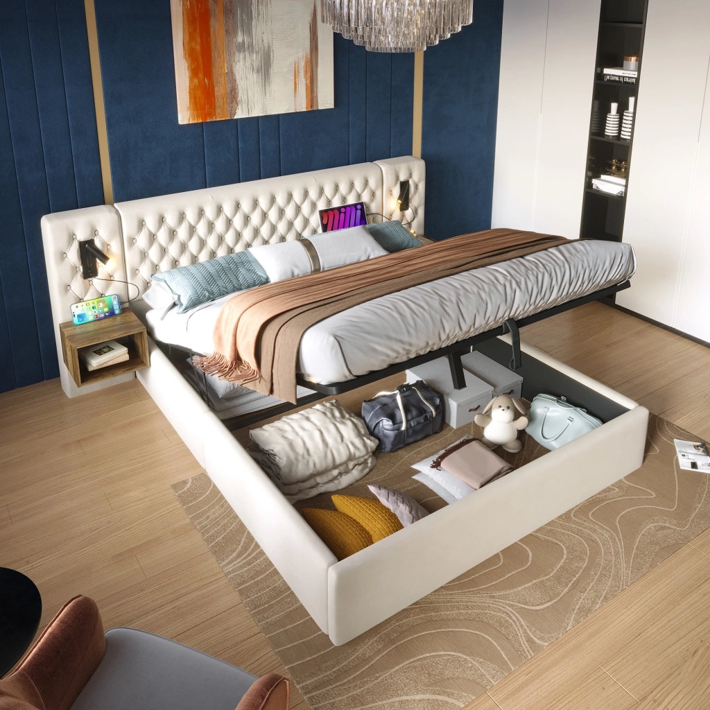 Letti contenitori 160x200 cm con comodini; contenitore idraulico e luci lettura; velluto beige (Senza materasso)