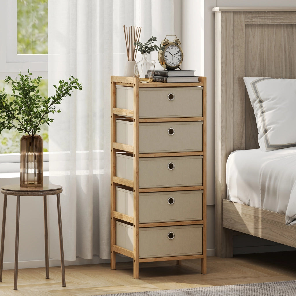 Cassettiera con 5 cassetti in tessuto struttura bamb¨´ ¨C zephmum ¨C crema e naturale 60x40x