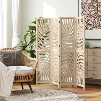 Paravento interiore in legno 4 pannelli 160 x 170 cm, pieghevole e portatile, motivo foglia, design rimovibile, legno naturale
