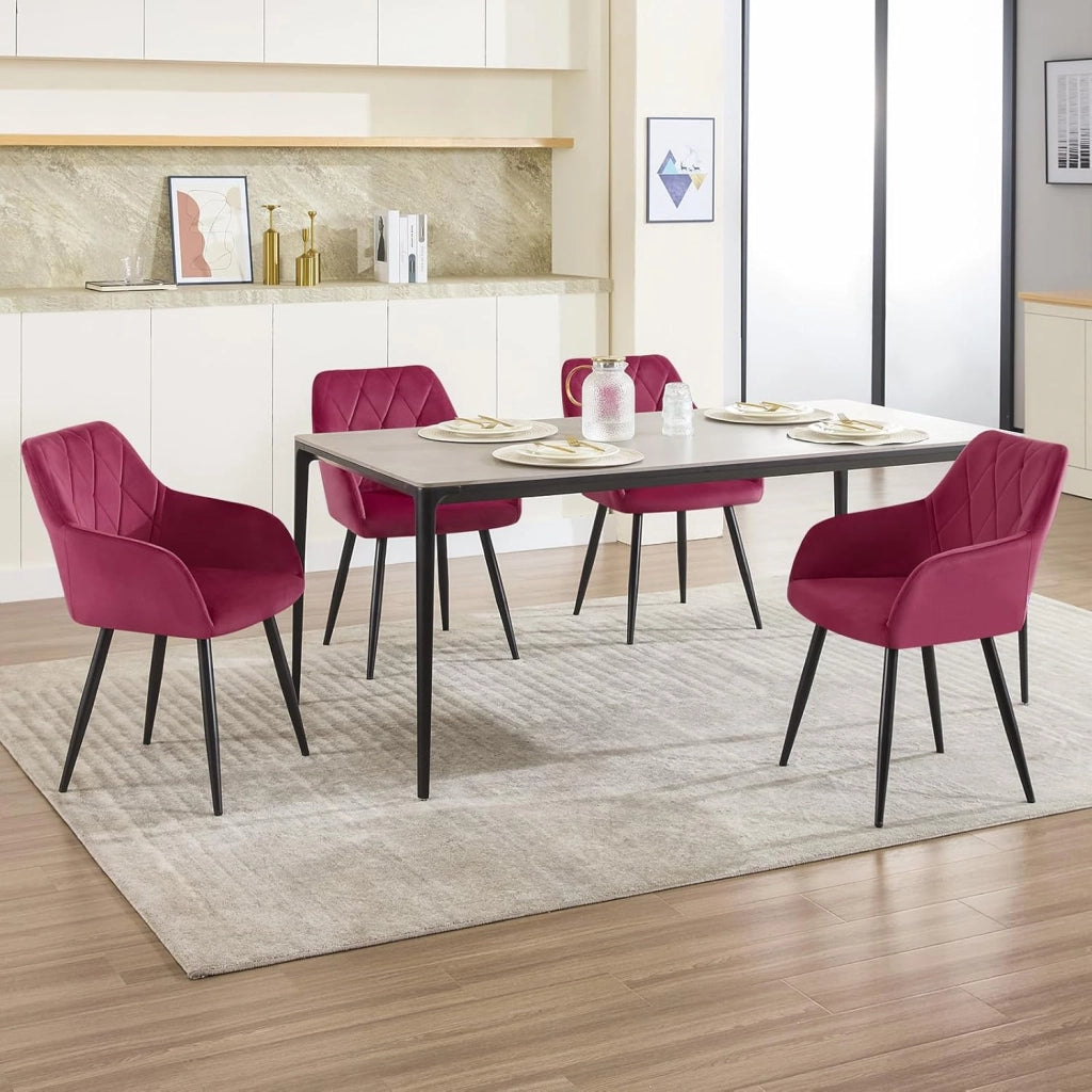 Set di 4 Sedie per Sala da Pranzo Imbottita, Poltroncina in Velluto,Sedia da Cucina con Braccioli e Schienale, Gambe in Metallo, Bordeaux, BH352bd-4