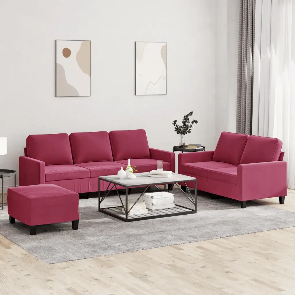 Set di Divani 3 pz con Cuscini Rosso Vino in Velluto