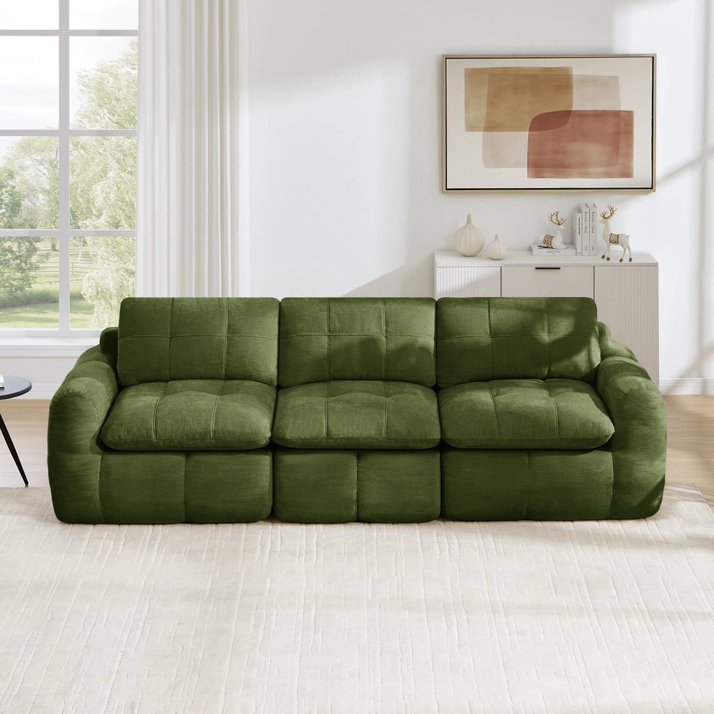 Divano modulare 3 posti con cuscini ergonomici e design trapuntato in ciniglia verde senza montaggio 264 × 97 × 68 cm