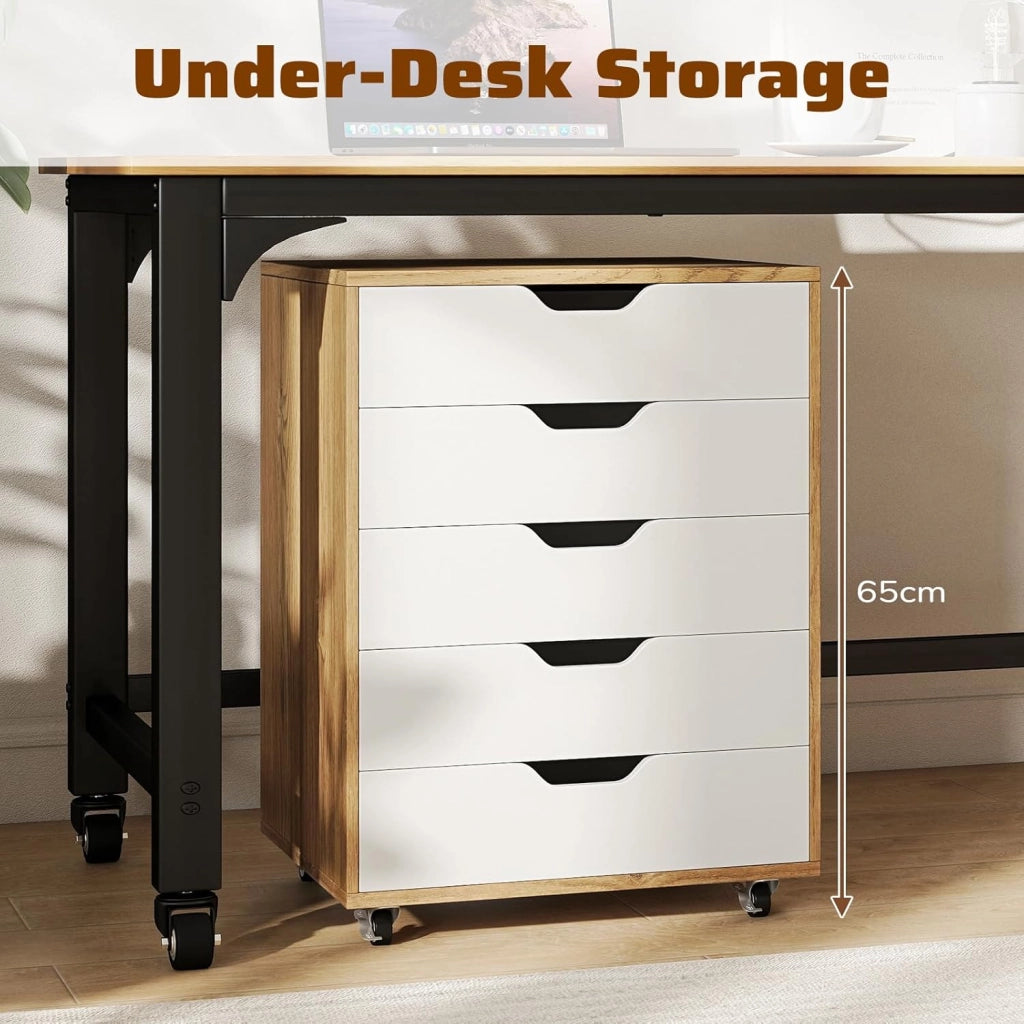 Cassetto da scrivania mobile con 5 cassetti da ufficio, mobile da ufficio, organizer con ruote, supporto per stampante per cartelle, documenti, documenti, carta, 48 x 39,5 x 69,5 cm (Naturale)