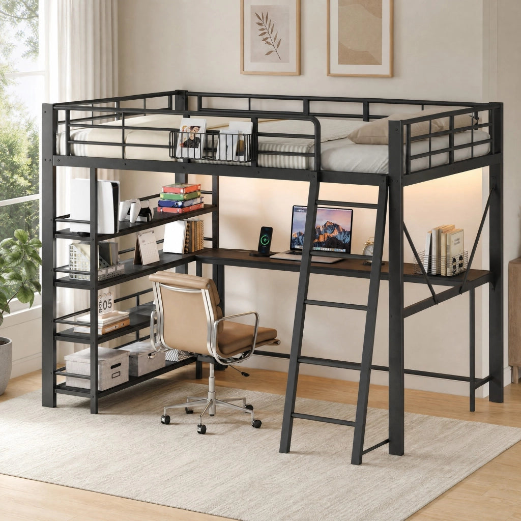 Letto a soppalco 140 × 200 cm 2 posti con scrivania, mensole, USB e LED regolabile, senza materasso, nero