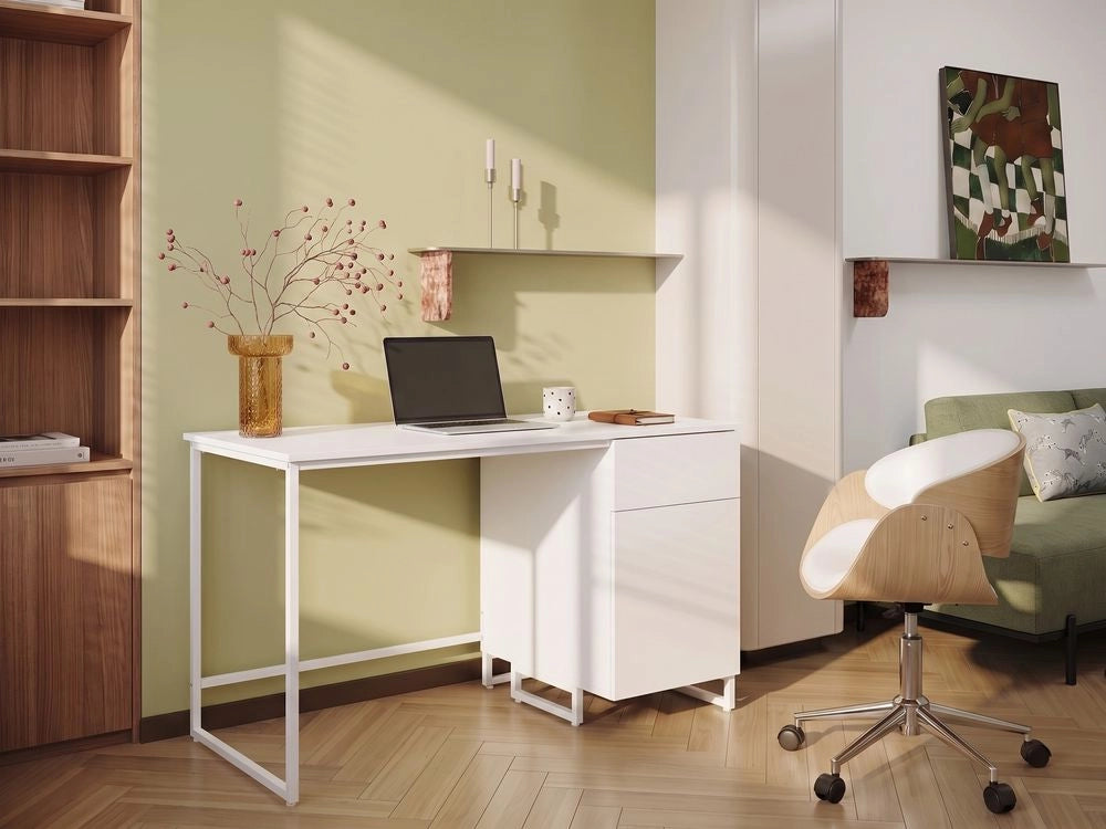 Scrivania da ufficio per casa in MDF bianco chiaro, 120 x 60 cm, struttura in acciaio con cassetto e vano chiuso, design moderno e minimalista