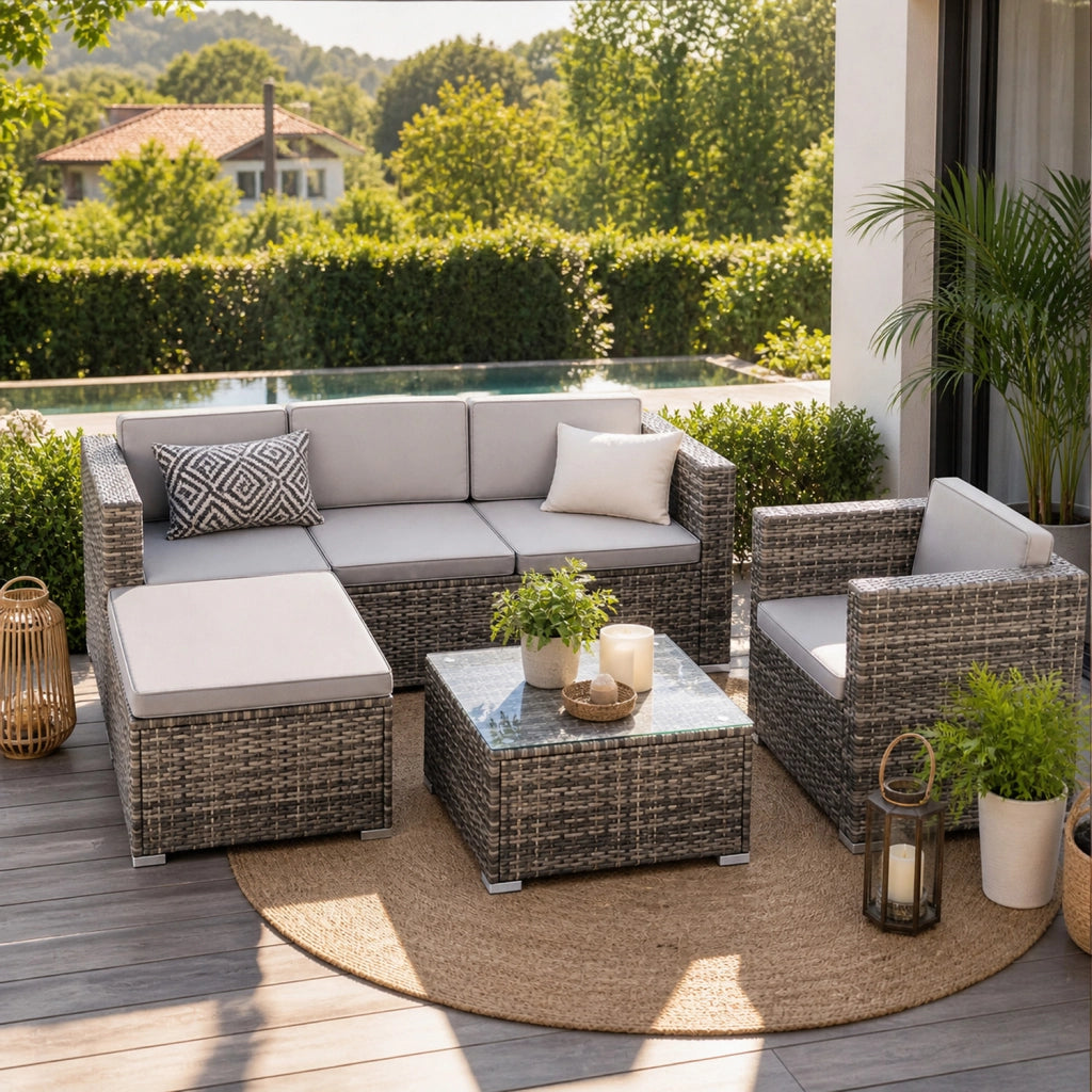 Set Salotto Da Esterno In Polyrattan Modulare Con Cuscini E Tavolino Struttura Personalizzabile Per 4/5 Persone Ideale Per Terrazza Patio Outdoor Grigio
