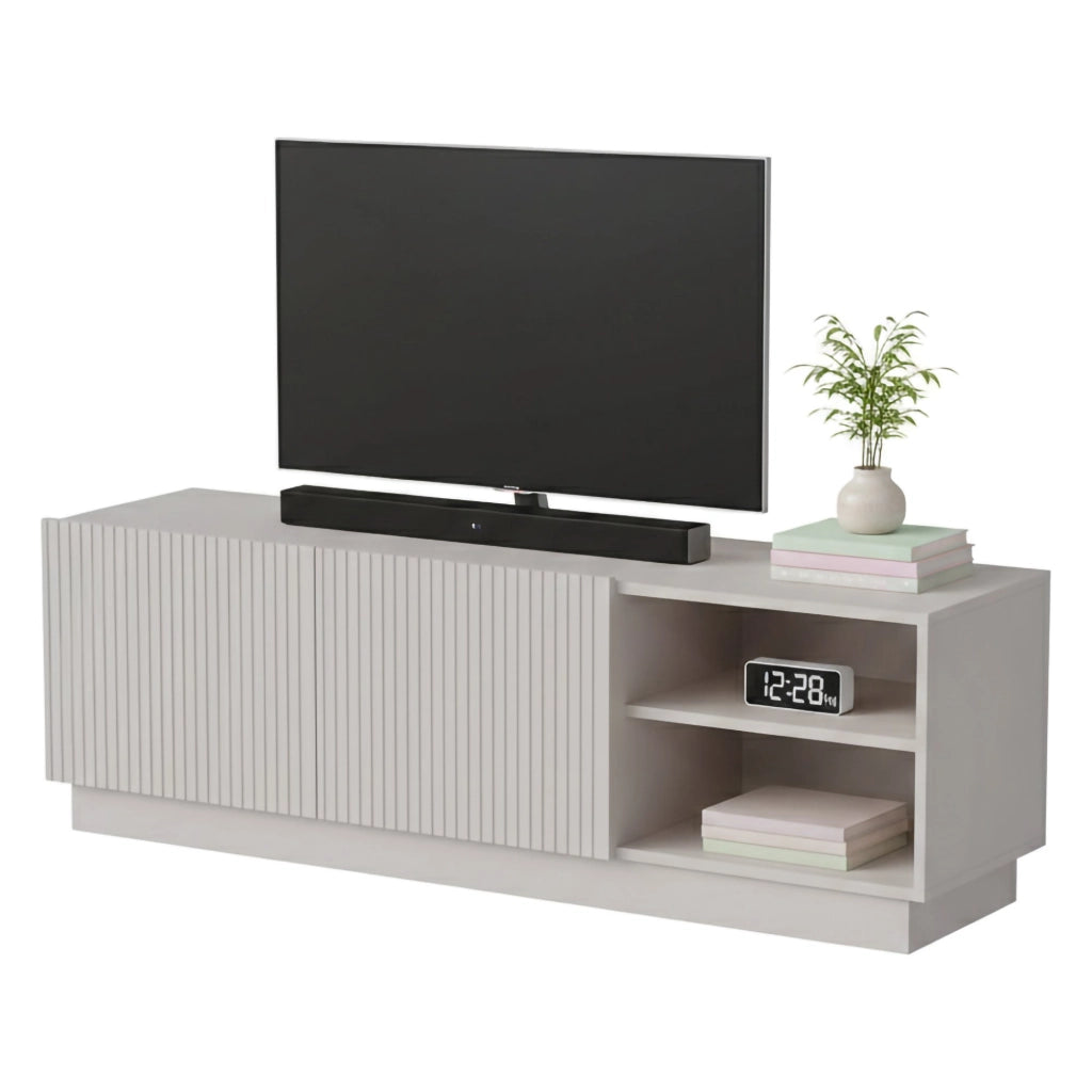 Mobile porta TV Finita, Madia da salotto con due ante battenti, Design minimal e moderno, 150x40 h48 cm, Beige