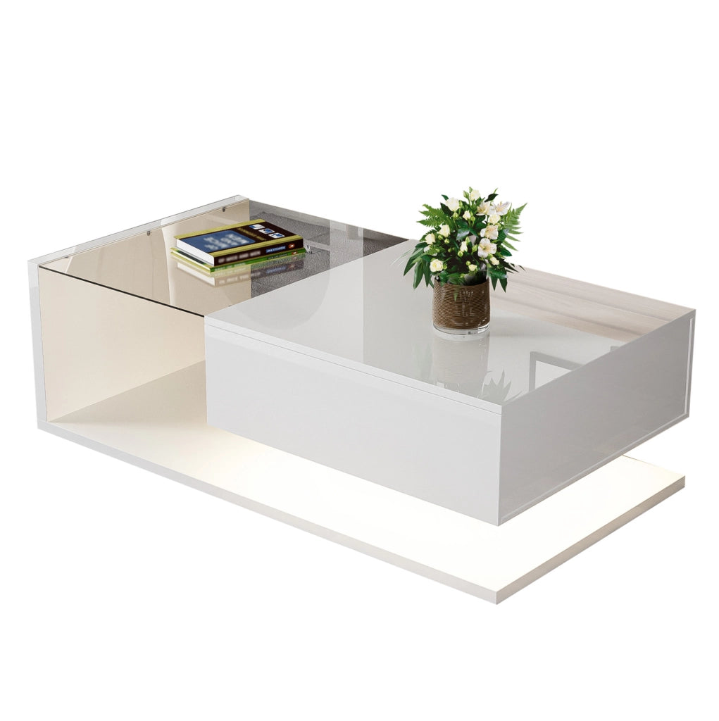 Tavolino da salotto moderno 105x55x32;5 cm in truciolare bianco lucido con LED e vetro temperato