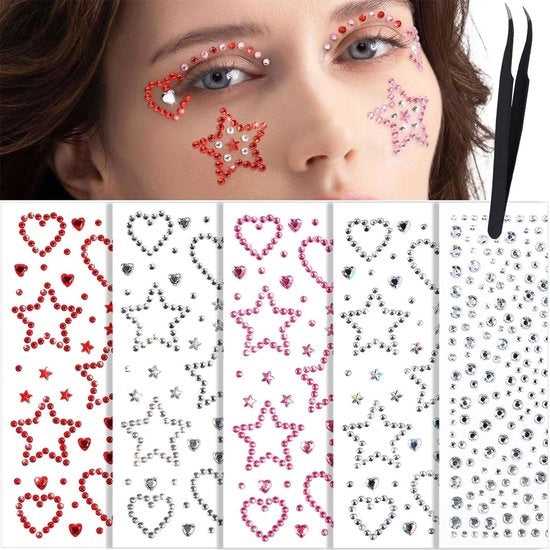 Set di Pelli per Faccia da 5 Faccette - Adesivi per Capelli Autoadesivi - Stickers di Gioielli per Festa - Stella/Cristallo - Stickers con Strass Colorati - Incluso Pinzetto - Accessori per Faccia