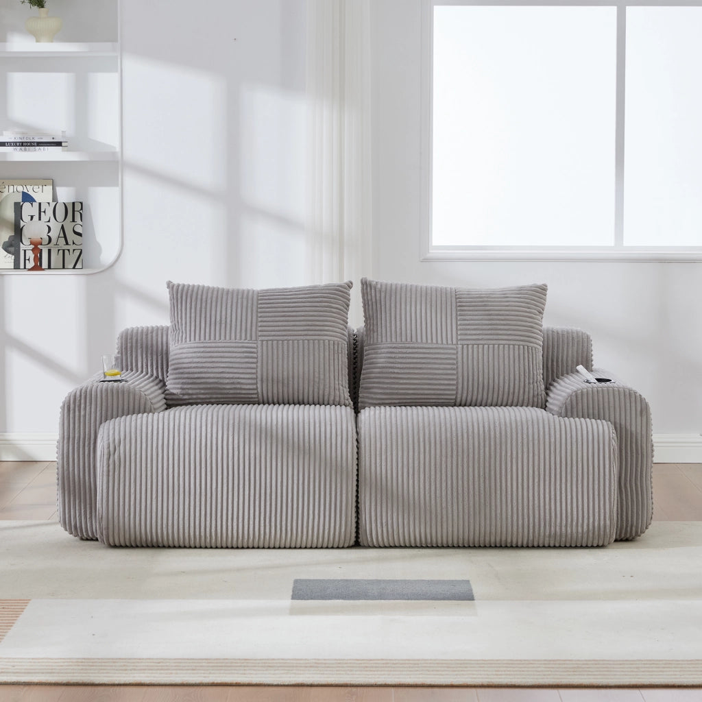 DIVANO Modulare 2 posti 200x99x80 cm in corduroy grigio chiaro con portalbicchiere