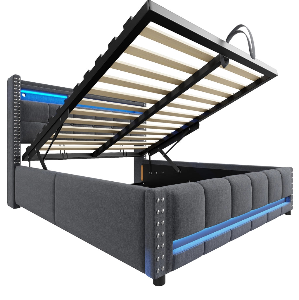 Letto imbottito 160x200 cm con LED, USB e vano contenitore