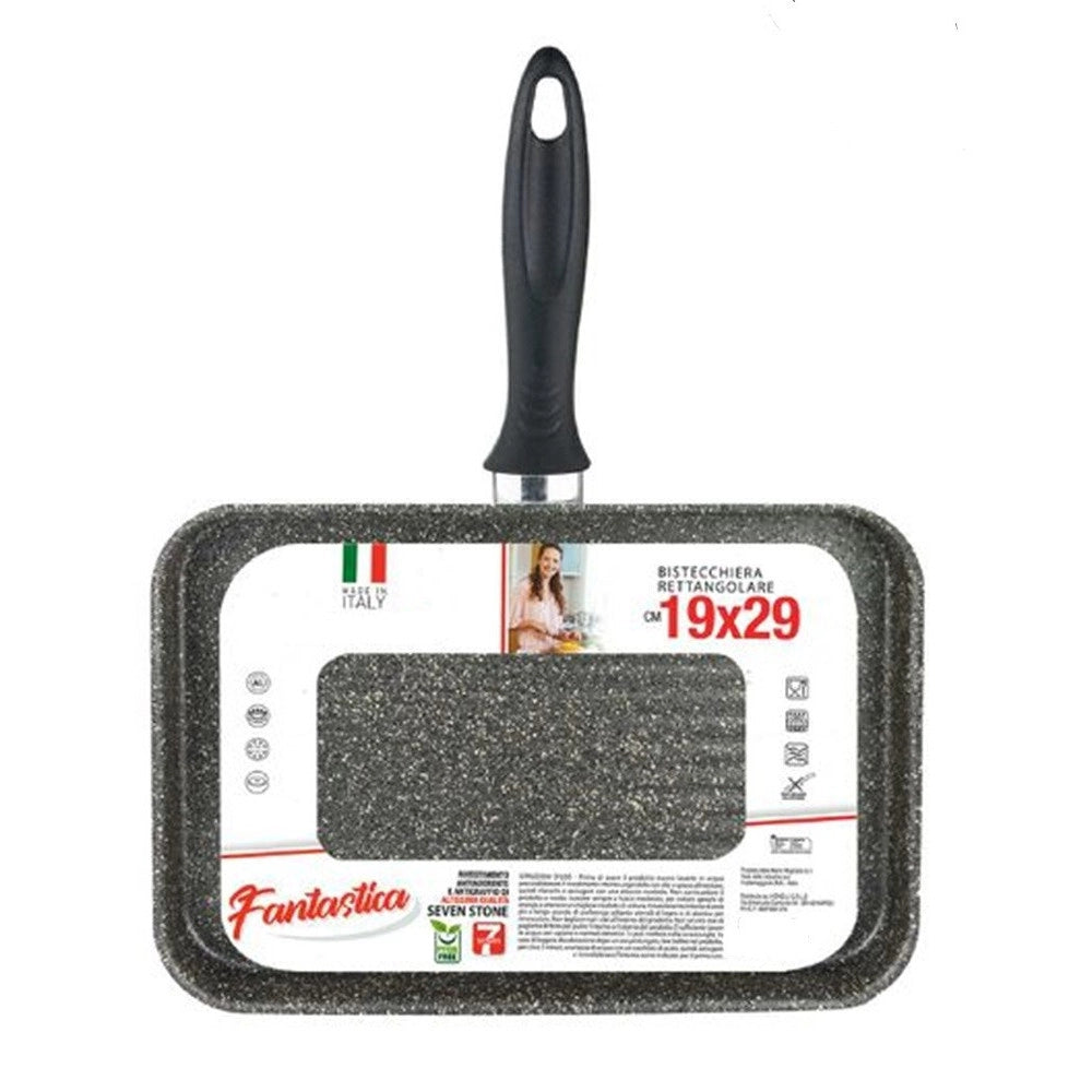 Trade Shop - Bistecchiera Rettangolare 19x29cm Pietra Antiaderente Antigraffio Con Manico Nero 045024m -