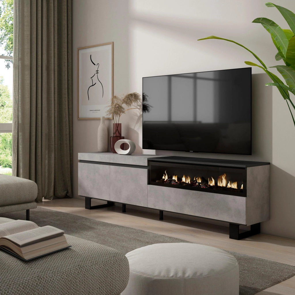 Mobile TV, 200x35x57cm, soggiorno, Per TV fino a 80", Camino elettrico, Design industriale, grigio cemento RF2230