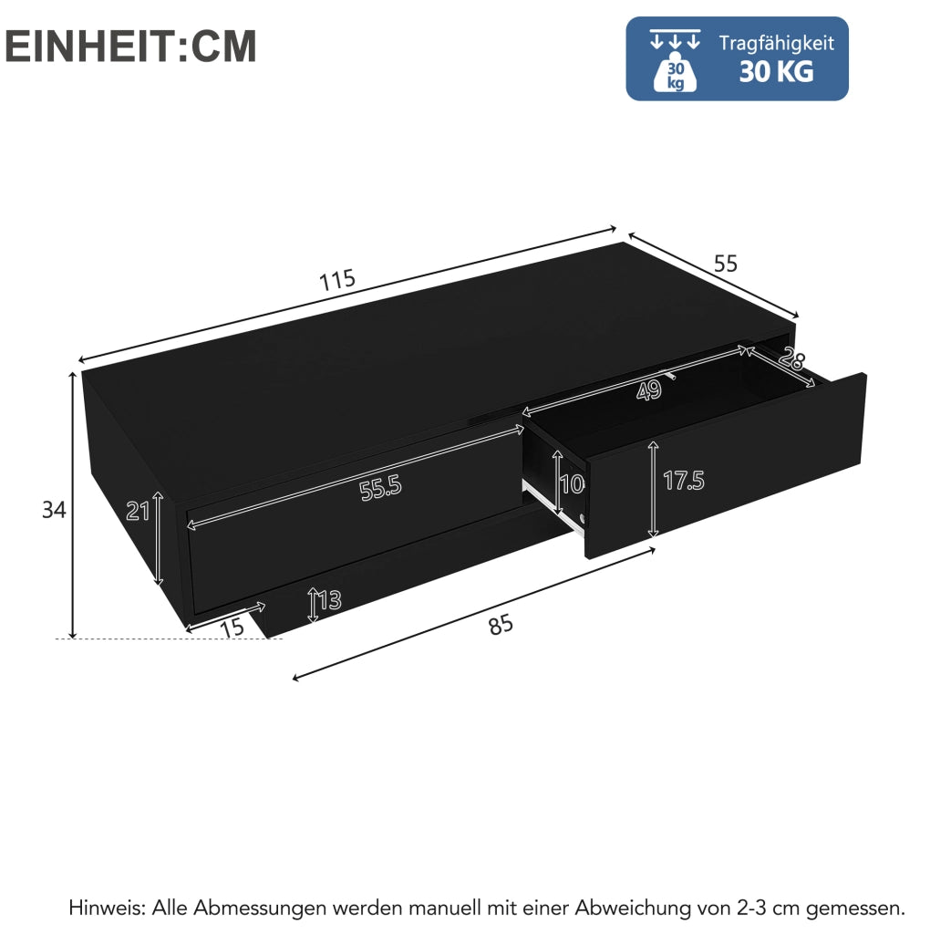 Tavolino da salotto nero lucido 115x55x34 cm con 2 cassetti e LED