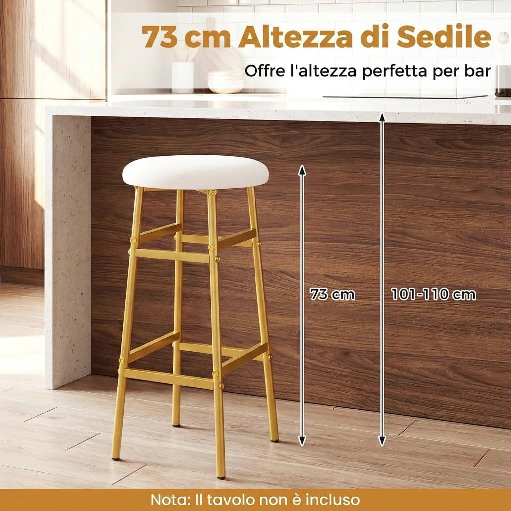 Set di 2 Sgabelli Alti Rotondi da Bar (Bianco) | Sgabelli con Seduta Imbottita, Pioggiapiedi Ergonomico, Portata 150 kg per Cucina e Sala da Pranzo, 33,5 x 33,5 x 73 cm