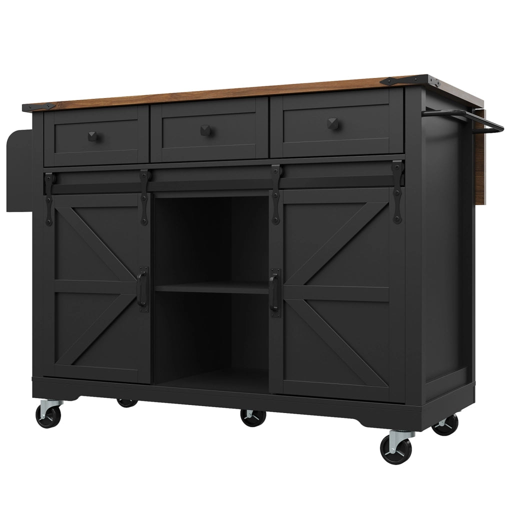 Isola cucina 140x45 cm pieghevole con 3 cassetti e ante scorrevoli; MDF; nero