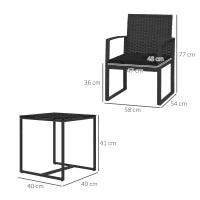 Set da Giardino 3 Pezzi con 2 Sedie con Cuscini e Tavolino con Piano in Vetro, Effetto Rattan Nero